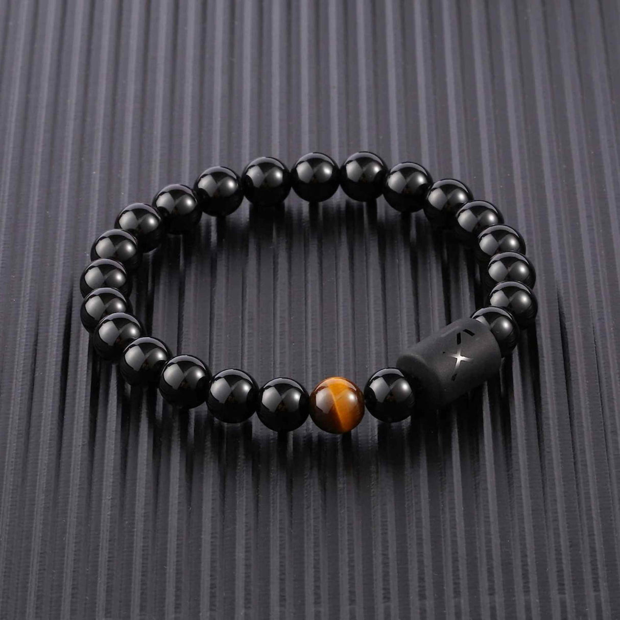 Bratara zodie Berbec din pietre naturale 8mm Obsidian si Ochi de Tigru pentru barbati cu cele 12 constelatii - Include dubla gravura cu semn zodiacala specifica