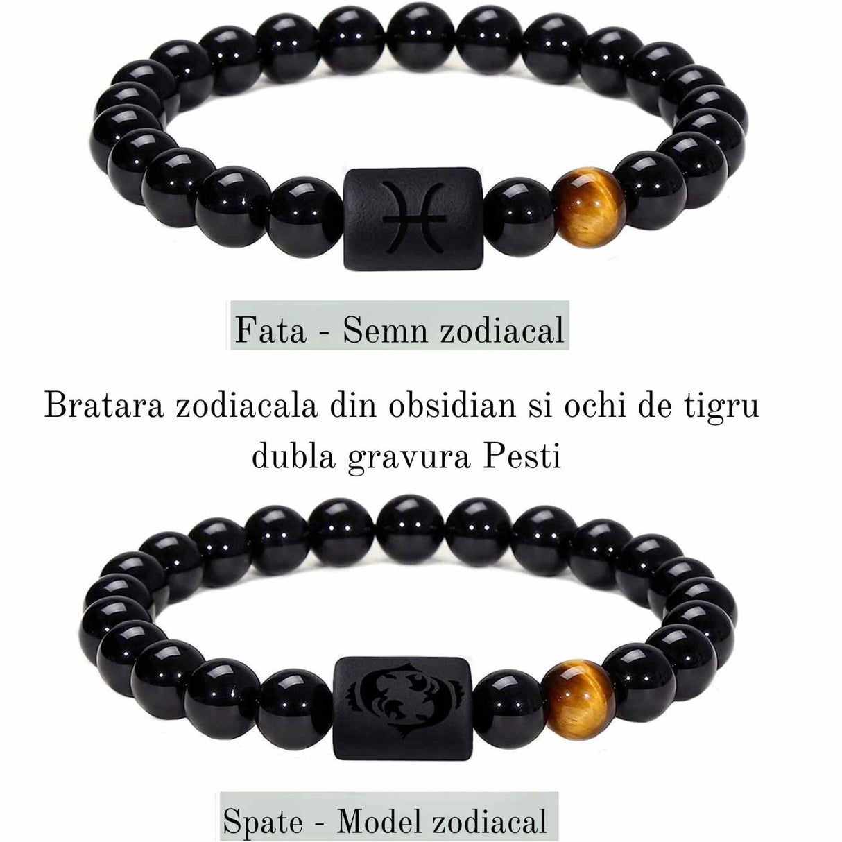 Bratara zodie Berbec din pietre naturale 8mm Obsidian si Ochi de Tigru pentru barbati cu cele 12 constelatii - Include dubla gravura cu semn zodiacala specifica