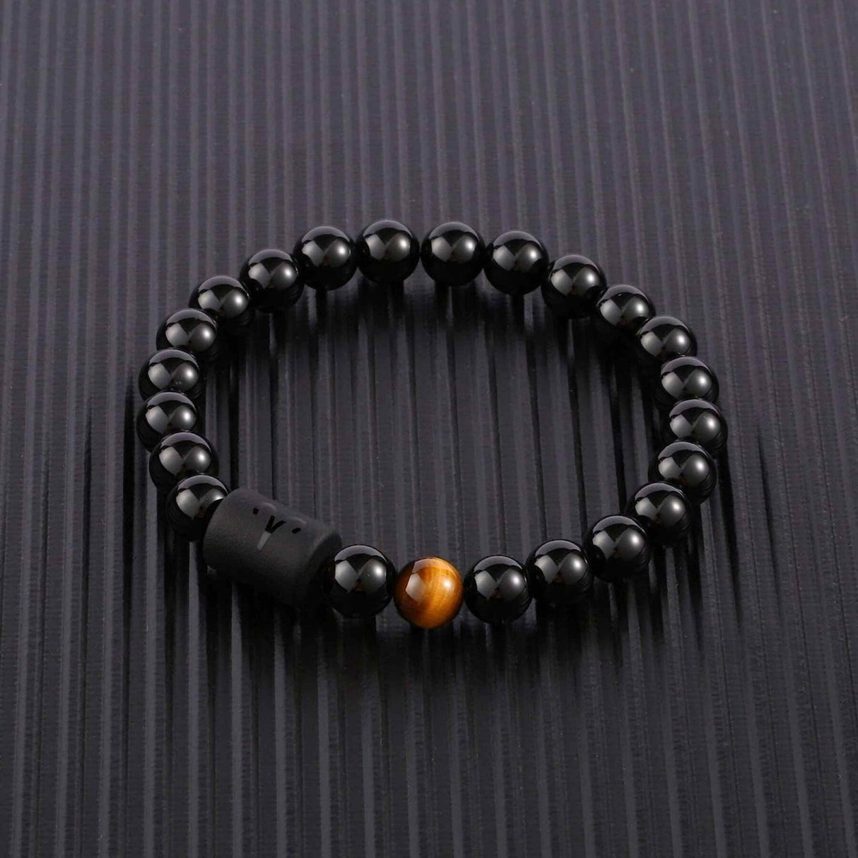 Bratara zodie Berbec din pietre naturale 8mm Obsidian si Ochi de Tigru pentru barbati cu cele 12 constelatii - Include dubla gravura cu semn zodiacala specifica