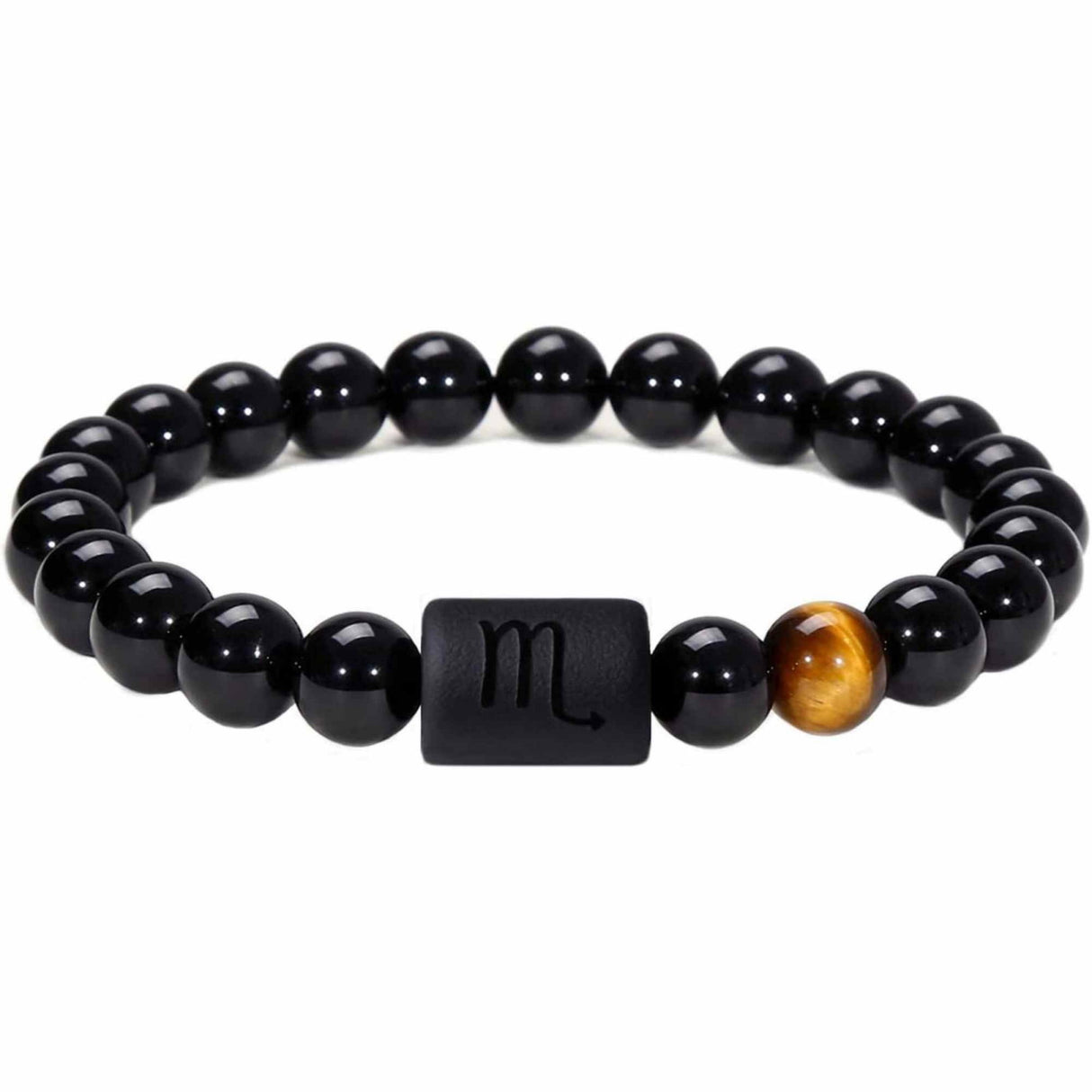 Bratara zodie Berbec din pietre naturale 8mm Obsidian si Ochi de Tigru pentru barbati cu cele 12 constelatii - Include dubla gravura cu semn zodiacala specifica
