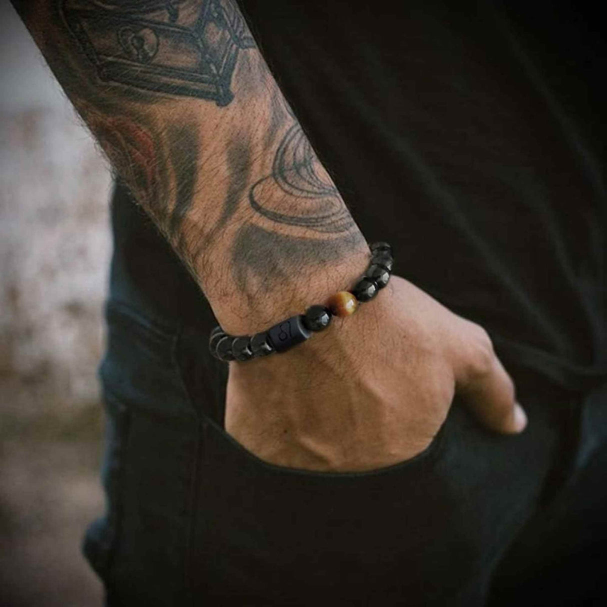 Bratara zodie Berbec din pietre naturale 8mm Obsidian si Ochi de Tigru pentru barbati cu cele 12 constelatii - Include dubla gravura cu semn zodiacala specifica