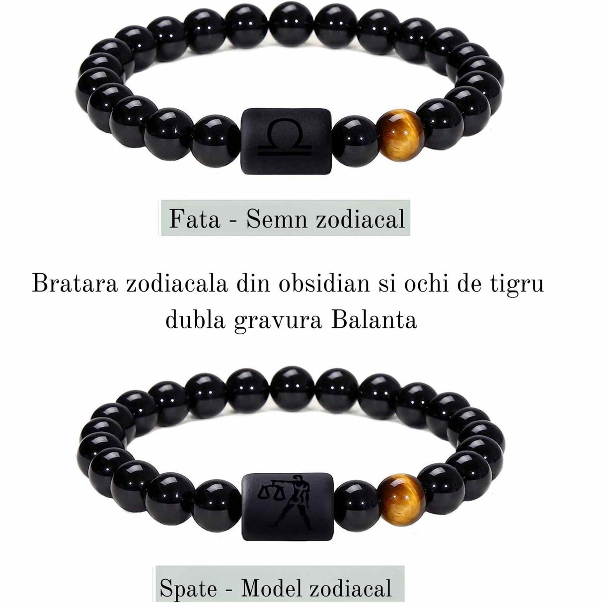 Bratara zodie Berbec din pietre naturale 8mm Obsidian si Ochi de Tigru pentru barbati cu cele 12 constelatii - Include dubla gravura cu semn zodiacala specifica