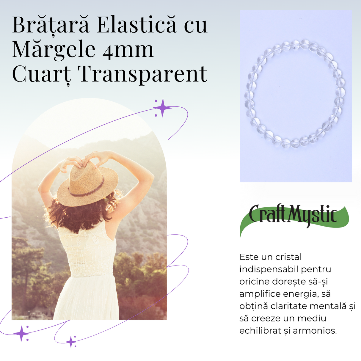 Bratara Elastica cu Margele Naturale de 4mm din Cuart transparent pentru Claritate Mentala si Focus