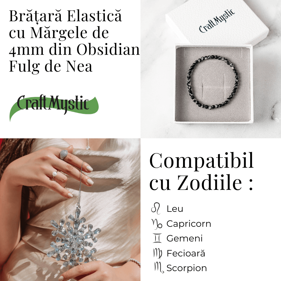 Bratara elastica 4mm din Obsidian Fulg de Nea - Protectie si Echilibru