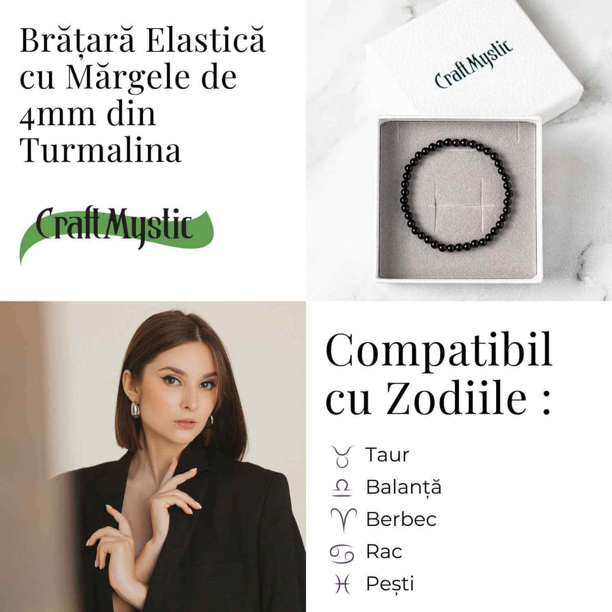 Bratara Elastica cu Margele 4mm din Turmalina Neagra - Protectie Energetica si impamantare