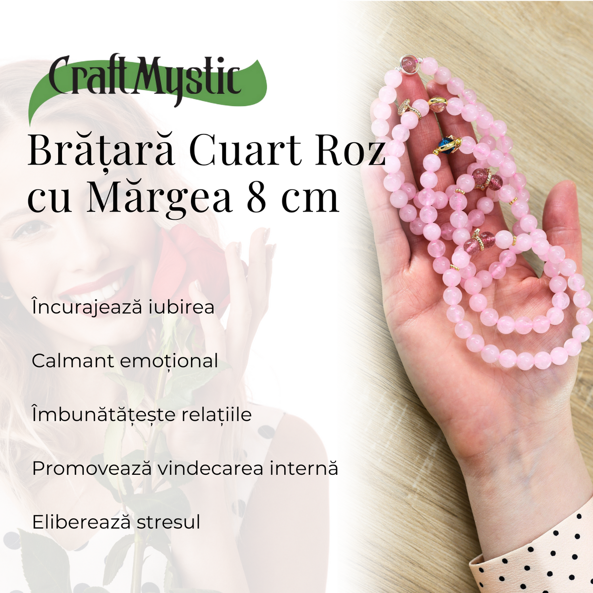 Bratara Elastica cu Margele din Cuart Roz de 8 mm si Pandantiv Sfera