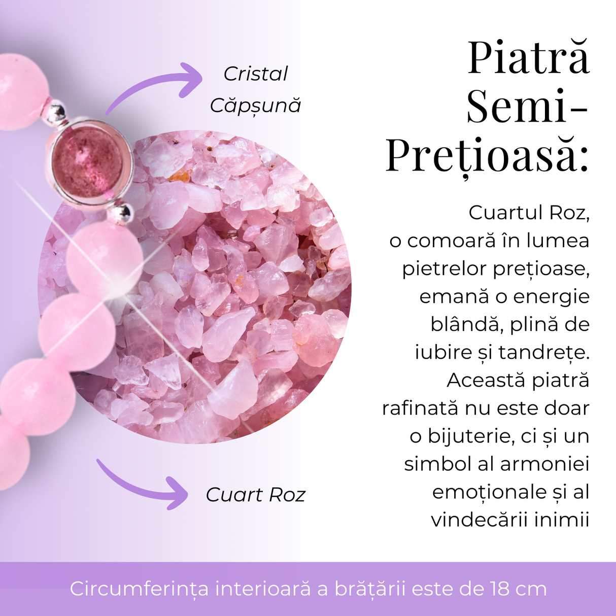 Bratara Elastica cu Margele din Cuart Roz de 8 mm, Pandantiv Sferic si Inimioara