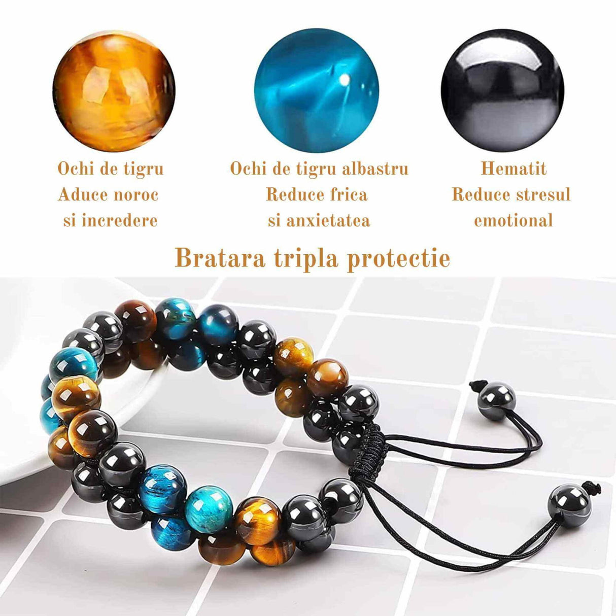 Bratara energetica cu tripla protectie, realizata din pietre semipretioase hematit, ochi de tigru galben si ochi de tigru albastru de 8 mm - bratara pentru energie, protectie, meditatie