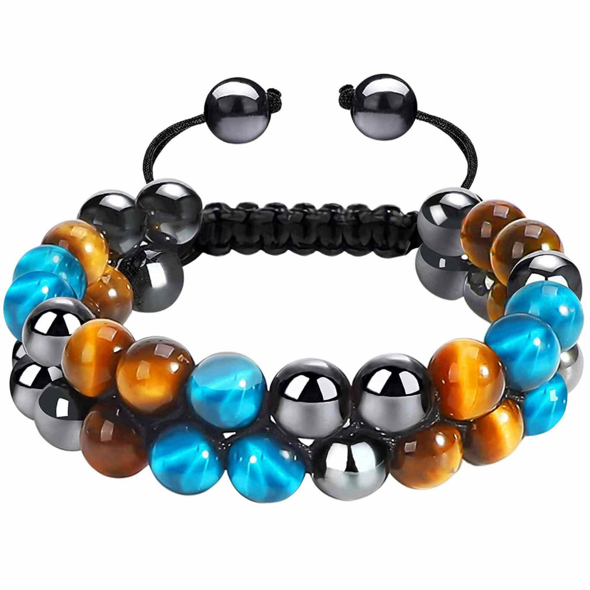 Bratara energetica cu tripla protectie, realizata din pietre semipretioase hematit, ochi de tigru galben si ochi de tigru albastru de 8 mm - bratara pentru energie, protectie, meditatie