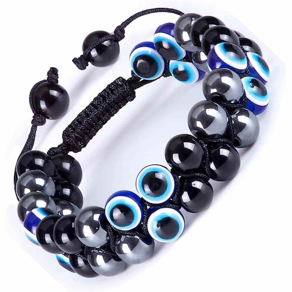 Bratara cu tripla protectie margele 8 mm cu "Ochiul rau", Obsidian negru si Hematit - Aduce noroc si bogatie