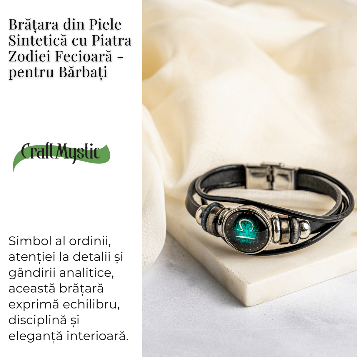 Bratara Fixa zodia Berbec din Piele Sintetica cu Cabochon Rotund - Semn Zodiacal Personalizat pentru Stil si Conexiune Astrologica