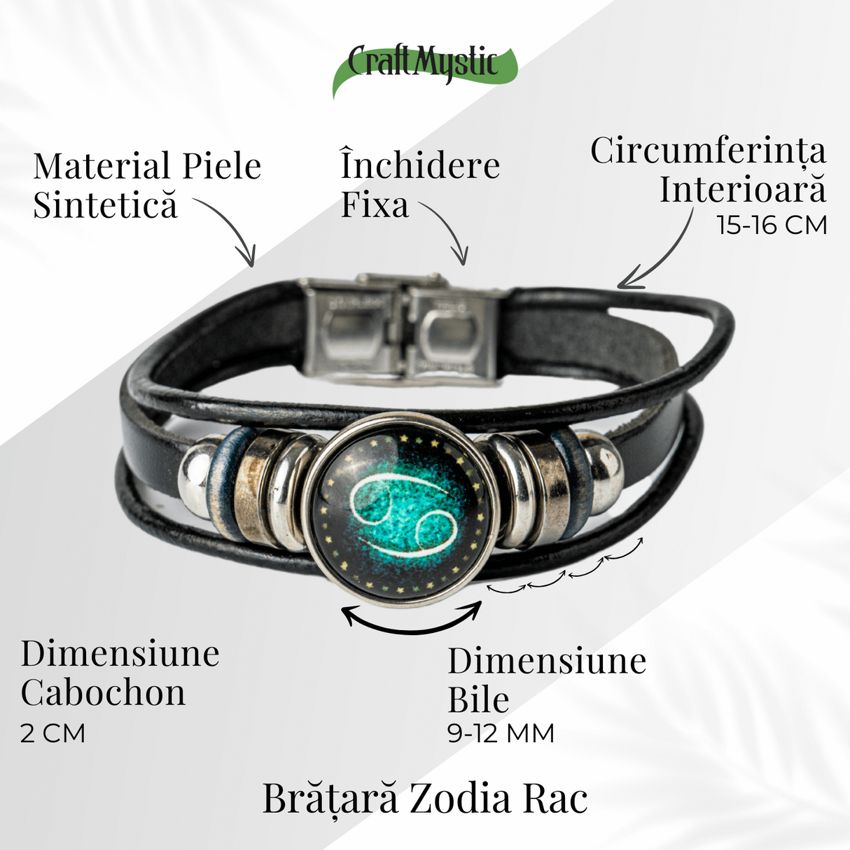 Bratara Fixa zodia Berbec din Piele Sintetica cu Cabochon Rotund - Semn Zodiacal Personalizat pentru Stil si Conexiune Astrologica