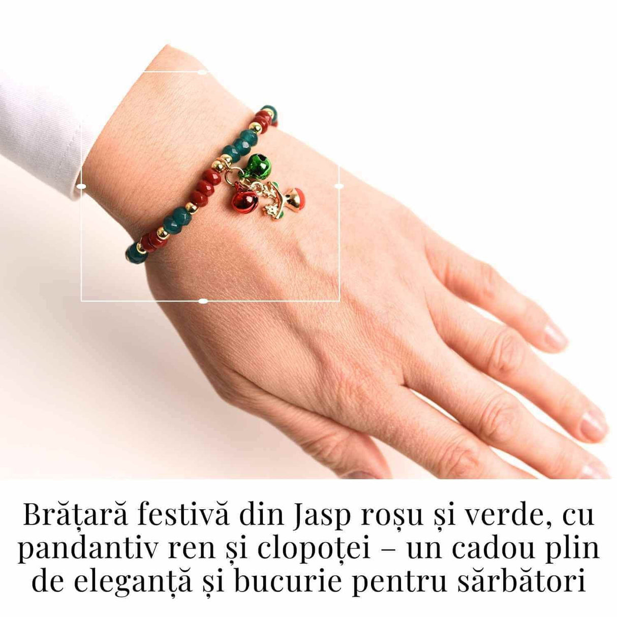 Bratara naturala Jasp rosu si verde fatetat cu accesoriu ren si clopotei - energie si eleganta