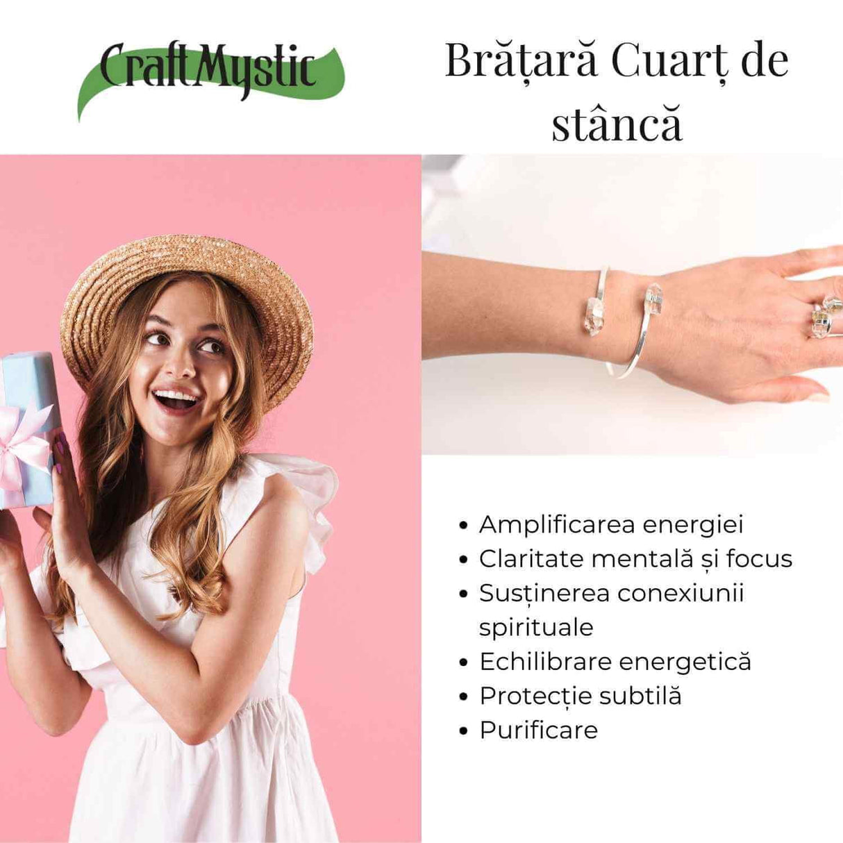 Bratara Metalica Argintie cu Dublu Cristal de Stanca, Claritate si Energie