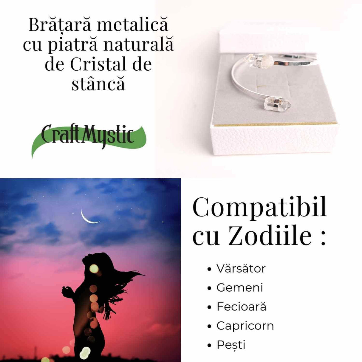 Bratara Metalica Argintie cu Dublu Cristal de Stanca, Claritate si Energie