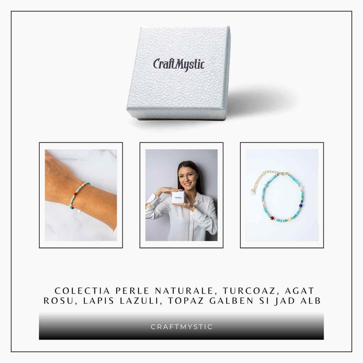 Bratara Multigem - Turcoaz, Agat Rosu, Lapis Lazuli, Jad Alb, Topaz Galben si Perla Naturala - Energie Pozitiva si Armonie