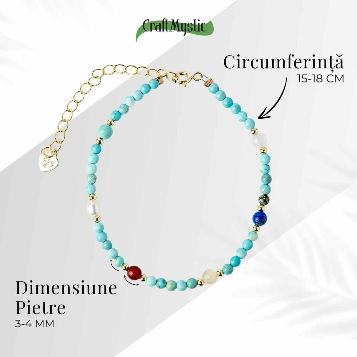 Bratara Multigem - Turcoaz, Agat Rosu, Lapis Lazuli, Jad Alb, Topaz Galben si Perla Naturala - Energie Pozitiva si Armonie