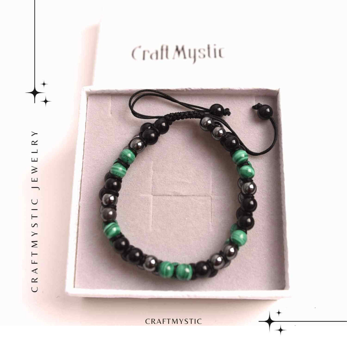 Bratara Tripla Protectie cu Cristale 6 mm de Malachit, Obsidian Negru si Hematit - Echilibru si Forta