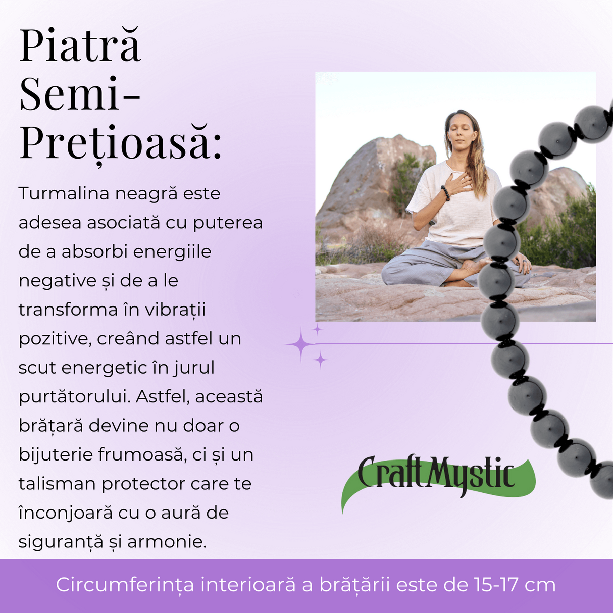 Bratara Elastica cu Margele de Turmalina Neagra de 6mm - Talisman Protector si Stilat