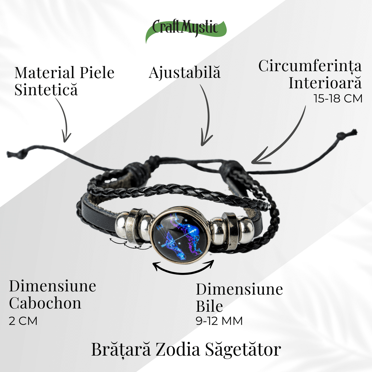 Bratara Zodia Berbec ajustabila din Piele Sintetica cu Cabochon Rotund - Simbol Astrologic Personalizat pentru Energie si Identitate Astrala