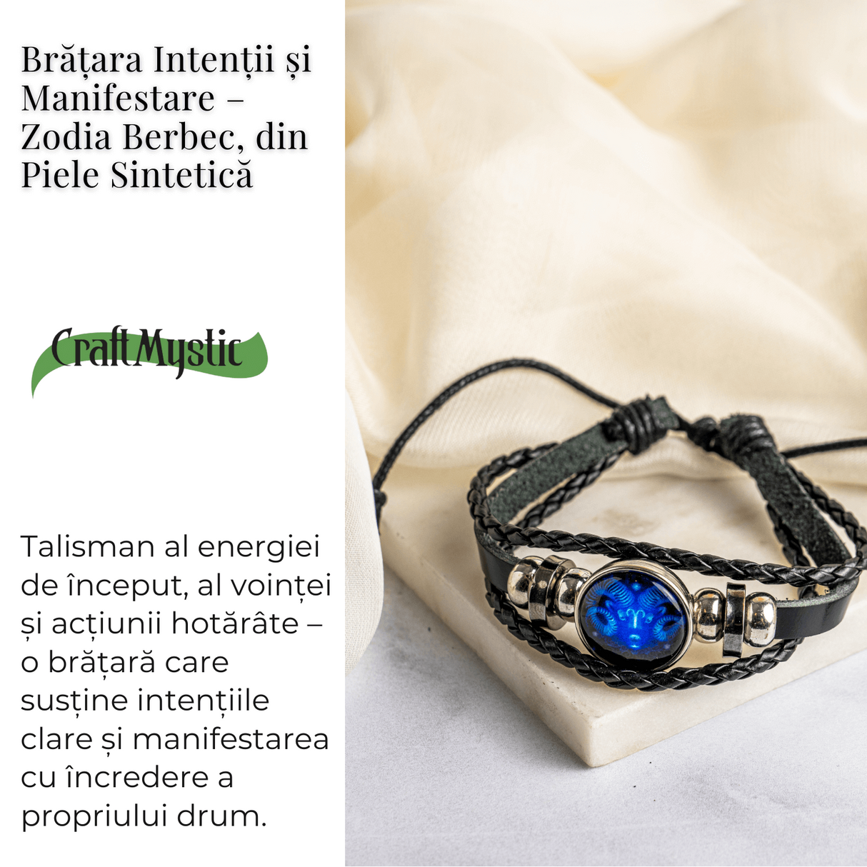 Bratara Zodia Berbec ajustabila din Piele Sintetica cu Cabochon Rotund - Simbol Astrologic Personalizat pentru Energie si Identitate Astrala