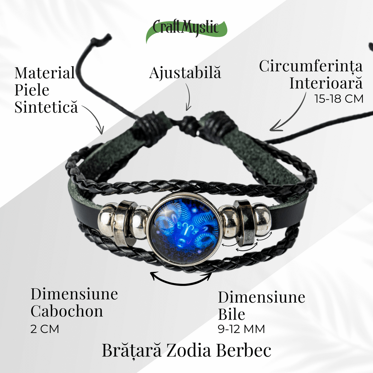 Bratara Zodia Berbec ajustabila din Piele Sintetica cu Cabochon Rotund - Simbol Astrologic Personalizat pentru Energie si Identitate Astrala