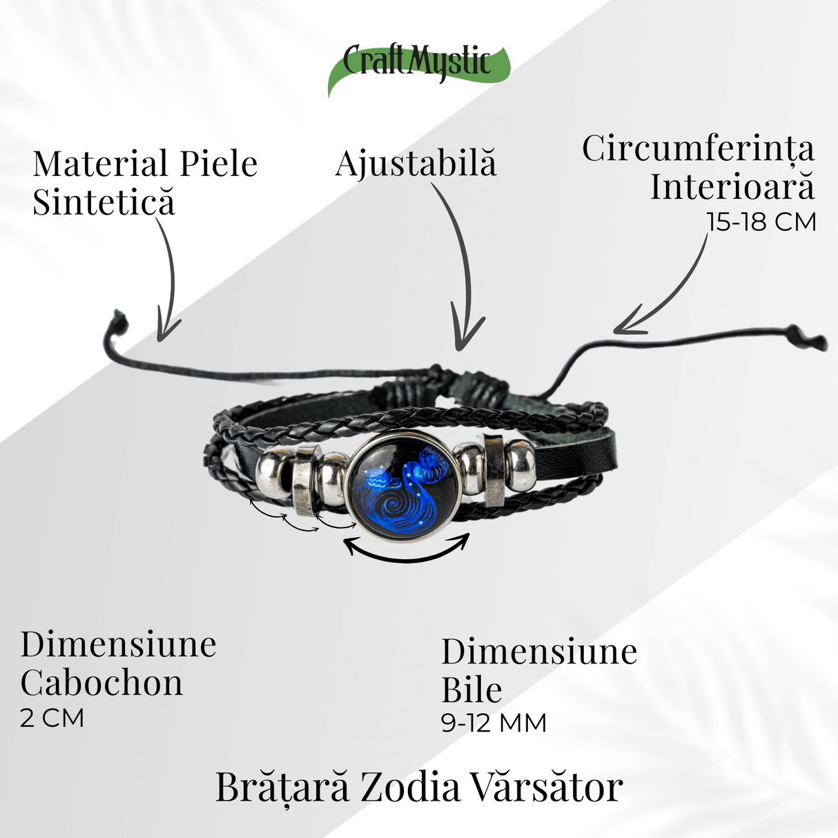 Bratara Zodia Berbec ajustabila din Piele Sintetica cu Cabochon Rotund - Simbol Astrologic Personalizat pentru Energie si Identitate Astrala