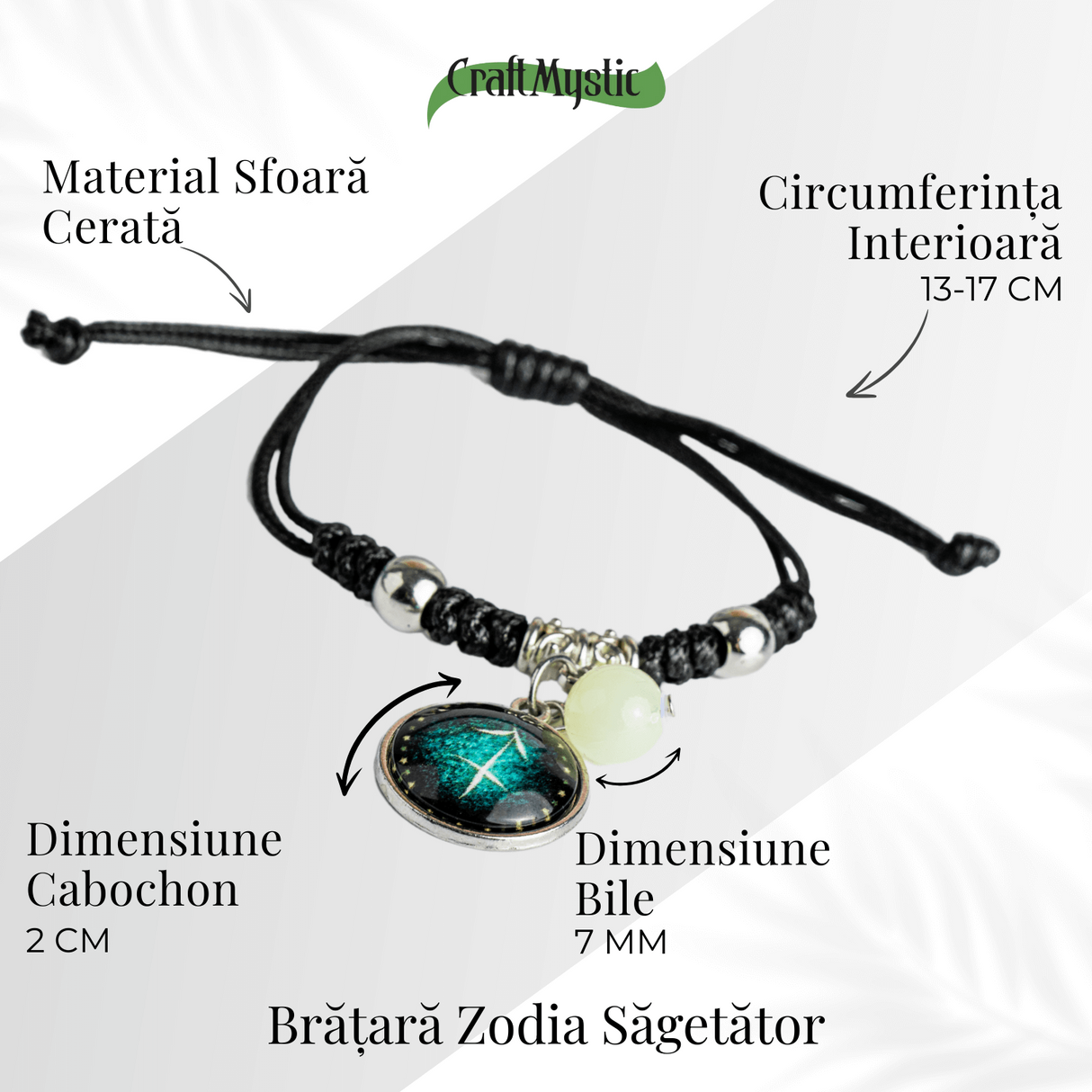 Bratara Zodiacala Ajustabila din Sfoara Cerata si Piele Sintetica - Cabochon Rotund cu Semn Zodiacal si Bila Fosforescenta