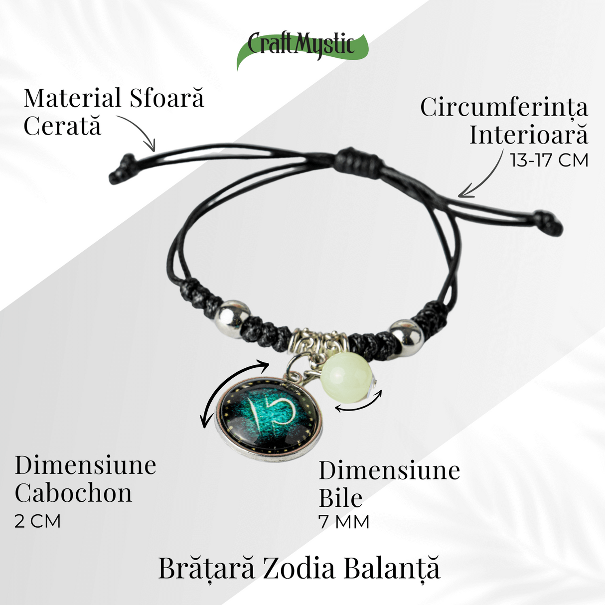 Bratara Zodiacala Ajustabila din Sfoara Cerata si Piele Sintetica - Cabochon Rotund cu Semn Zodiacal si Bila Fosforescenta