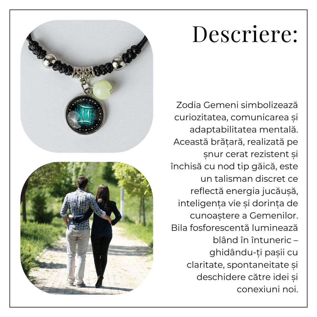 Bratara Zodiacala Ajustabila din Sfoara Cerata si Piele Sintetica - Cabochon Rotund cu Semn Zodiacal si Bila Fosforescenta