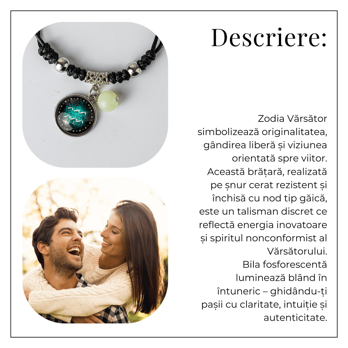 Bratara Zodiacala Ajustabila din Sfoara Cerata si Piele Sintetica - Cabochon Rotund cu Semn Zodiacal si Bila Fosforescenta
