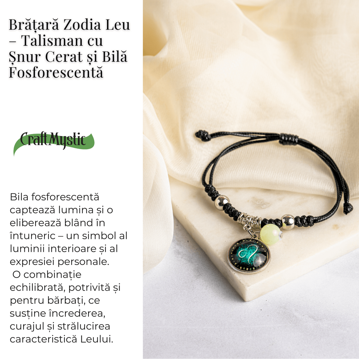 Bratara Zodiacala Ajustabila din Sfoara Cerata si Piele Sintetica - Cabochon Rotund cu Semn Zodiacal si Bila Fosforescenta