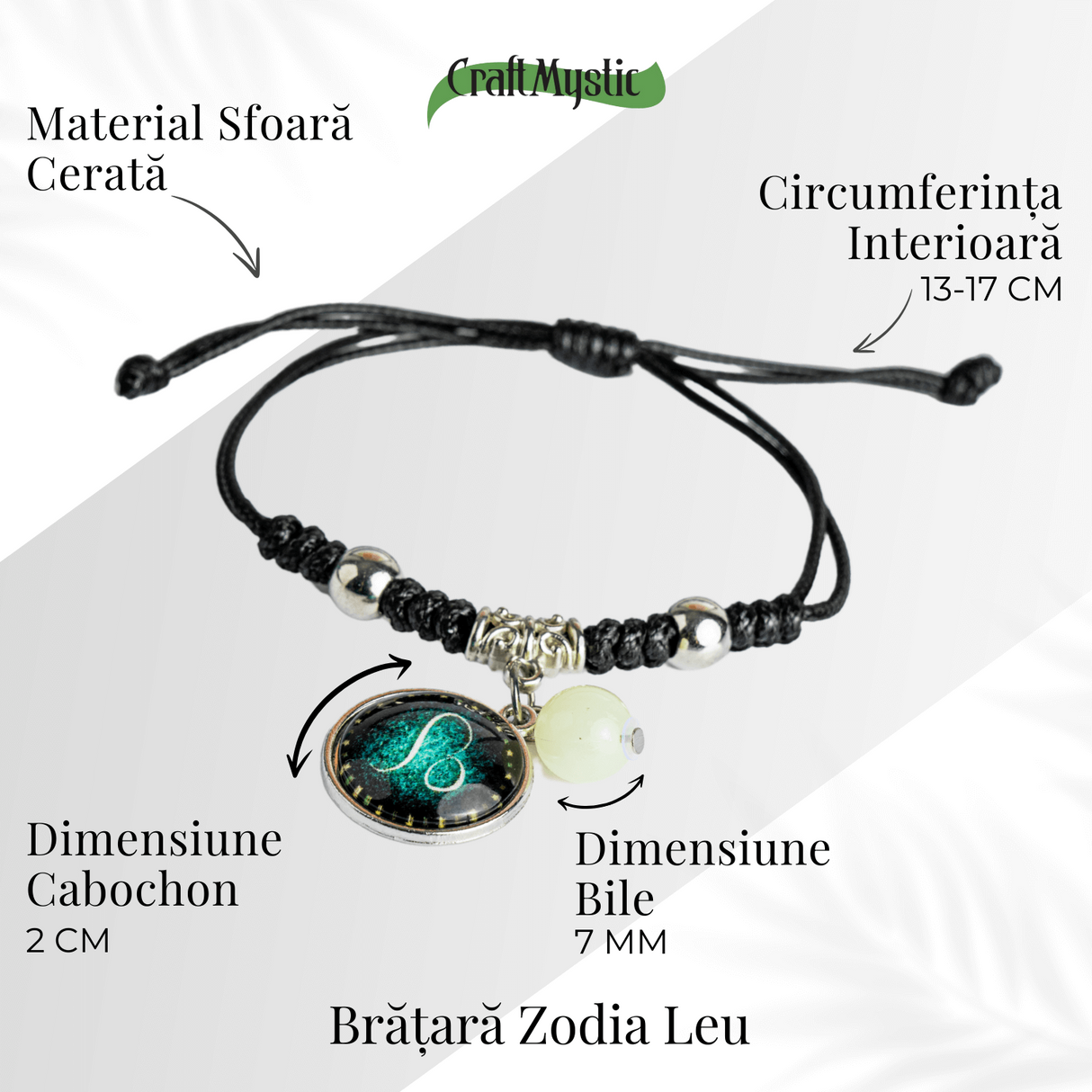 Bratara Zodiacala Ajustabila din Sfoara Cerata si Piele Sintetica - Cabochon Rotund cu Semn Zodiacal si Bila Fosforescenta
