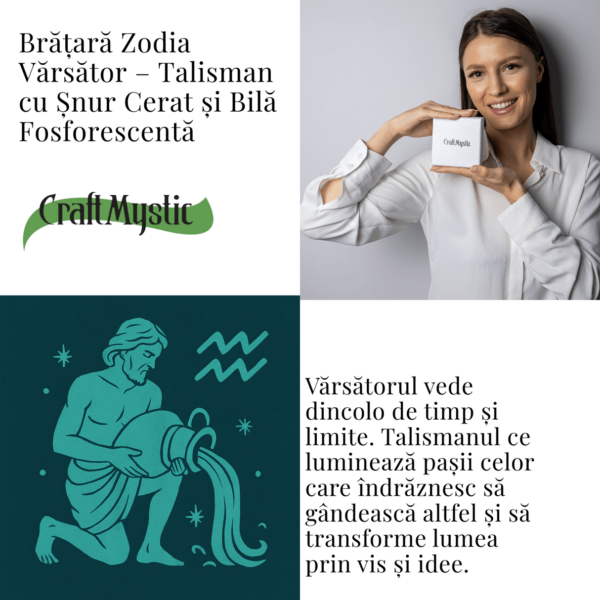 Bratara Zodiacala Ajustabila din Sfoara Cerata si Piele Sintetica - Cabochon Rotund cu Semn Zodiacal si Bila Fosforescenta
