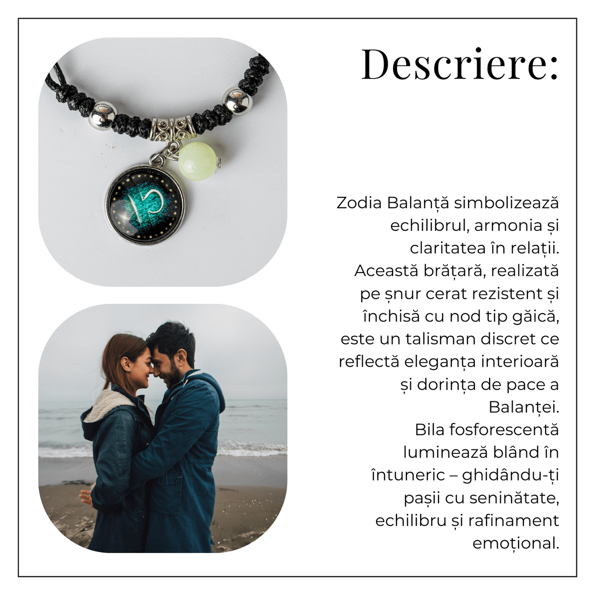 Bratara Zodiacala Ajustabila din Sfoara Cerata si Piele Sintetica - Cabochon Rotund cu Semn Zodiacal si Bila Fosforescenta