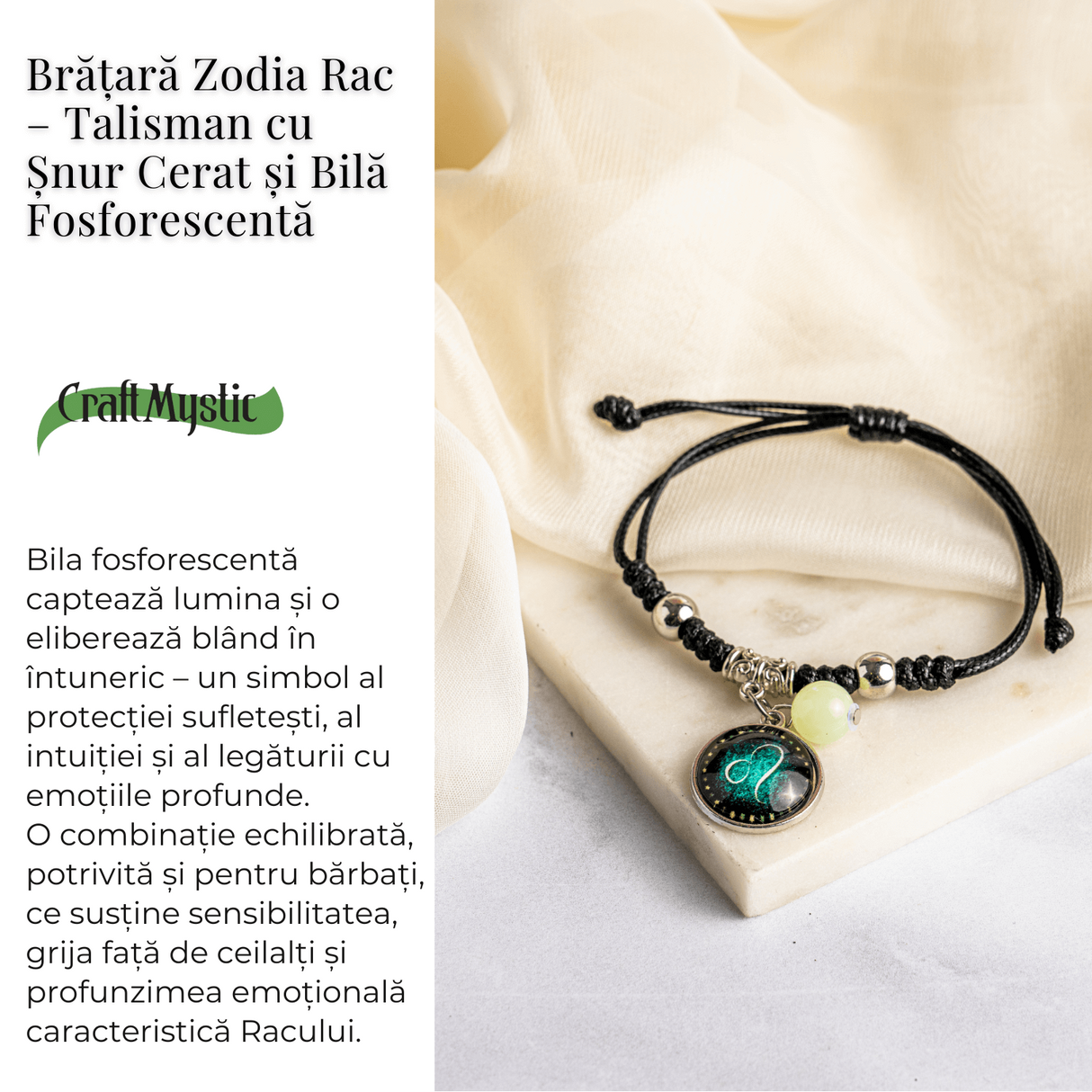 Bratara Zodiacala Ajustabila din Sfoara Cerata si Piele Sintetica - Cabochon Rotund cu Semn Zodiacal si Bila Fosforescenta