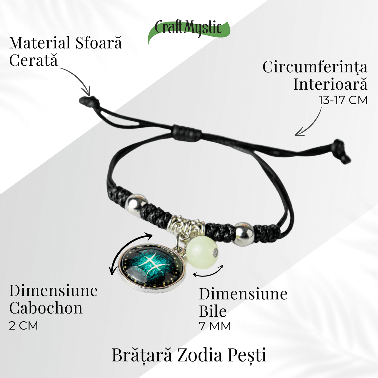 Bratara Zodiacala Ajustabila din Sfoara Cerata si Piele Sintetica - Cabochon Rotund cu Semn Zodiacal si Bila Fosforescenta