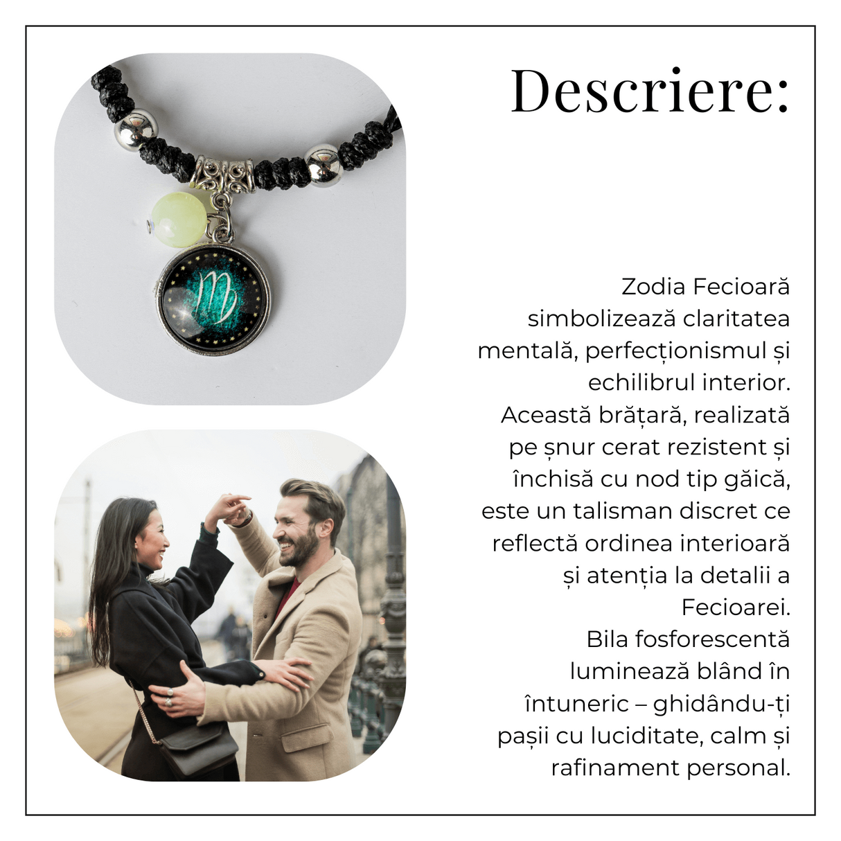 Bratara Zodiacala Ajustabila din Sfoara Cerata si Piele Sintetica - Cabochon Rotund cu Semn Zodiacal si Bila Fosforescenta