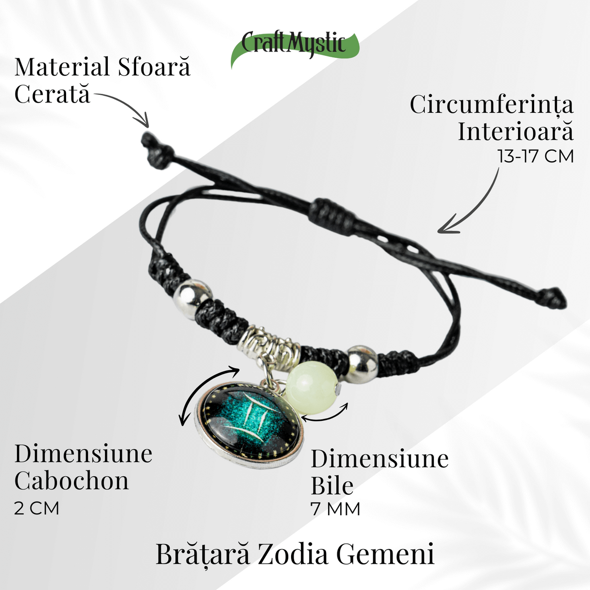Bratara Zodiacala Ajustabila din Sfoara Cerata si Piele Sintetica - Cabochon Rotund cu Semn Zodiacal si Bila Fosforescenta