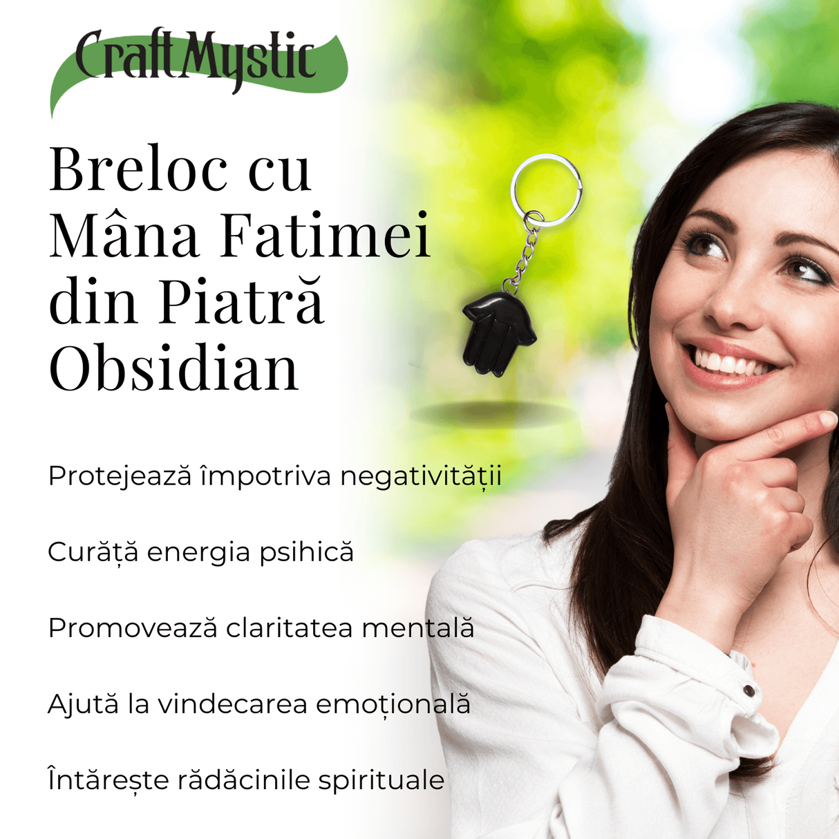 Breloc cu Mana Fatimei - Protectie, Noroc si Energie Pozitiva - Obsidian