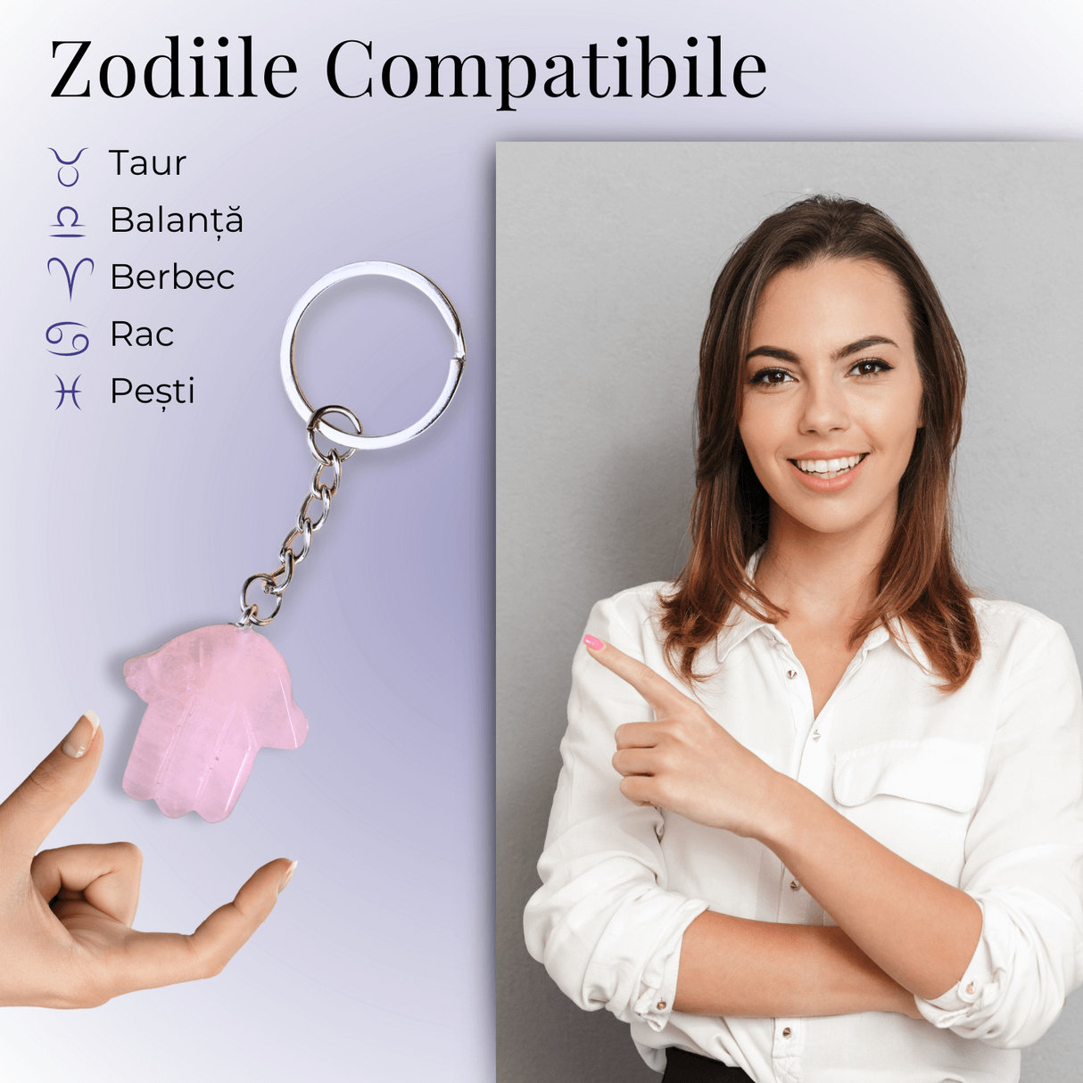 Breloc cu Mana Fatimei - Protectie, Noroc si Energie Pozitiva - Cuart Roz