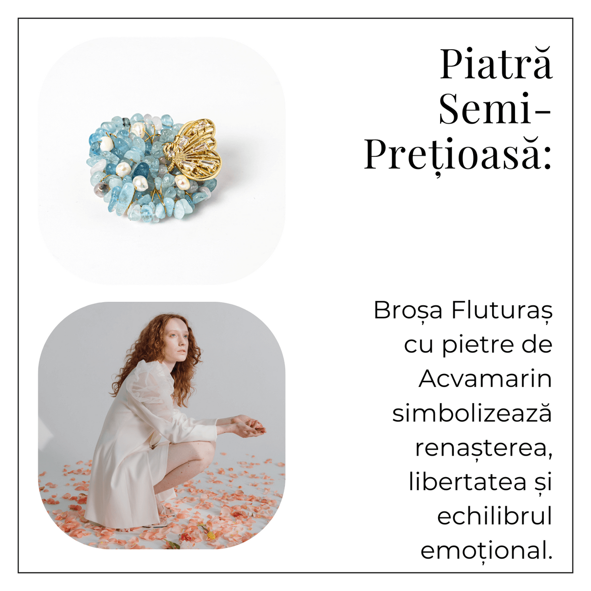 Brosa Fluture din Aliaj si Pietre Naturale de Acvamarin - Simbol al Linistii si Claritatii
