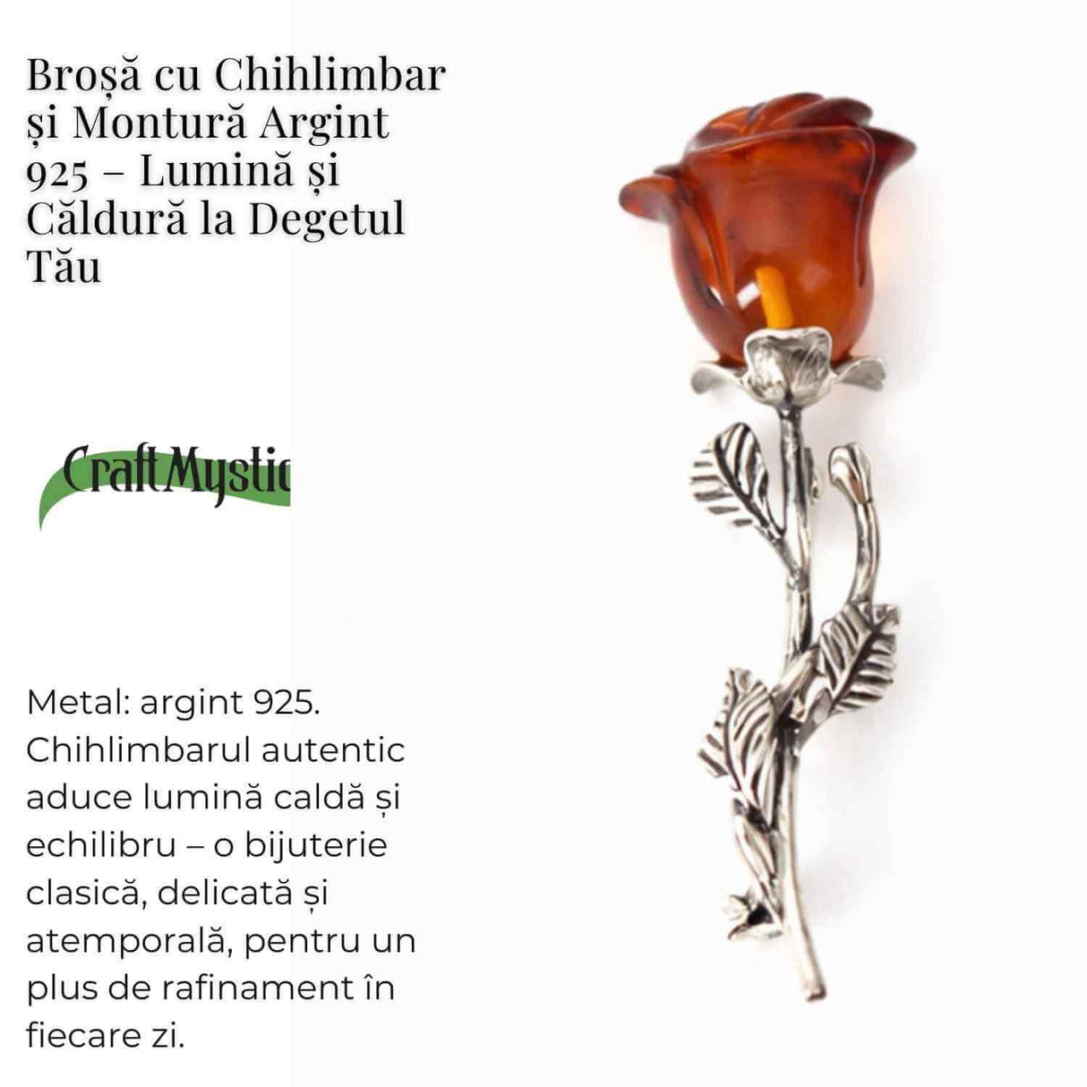Brosa din Argint 925 cu Chihlimbar Natural rosu - Trandafir al Luminii Calde