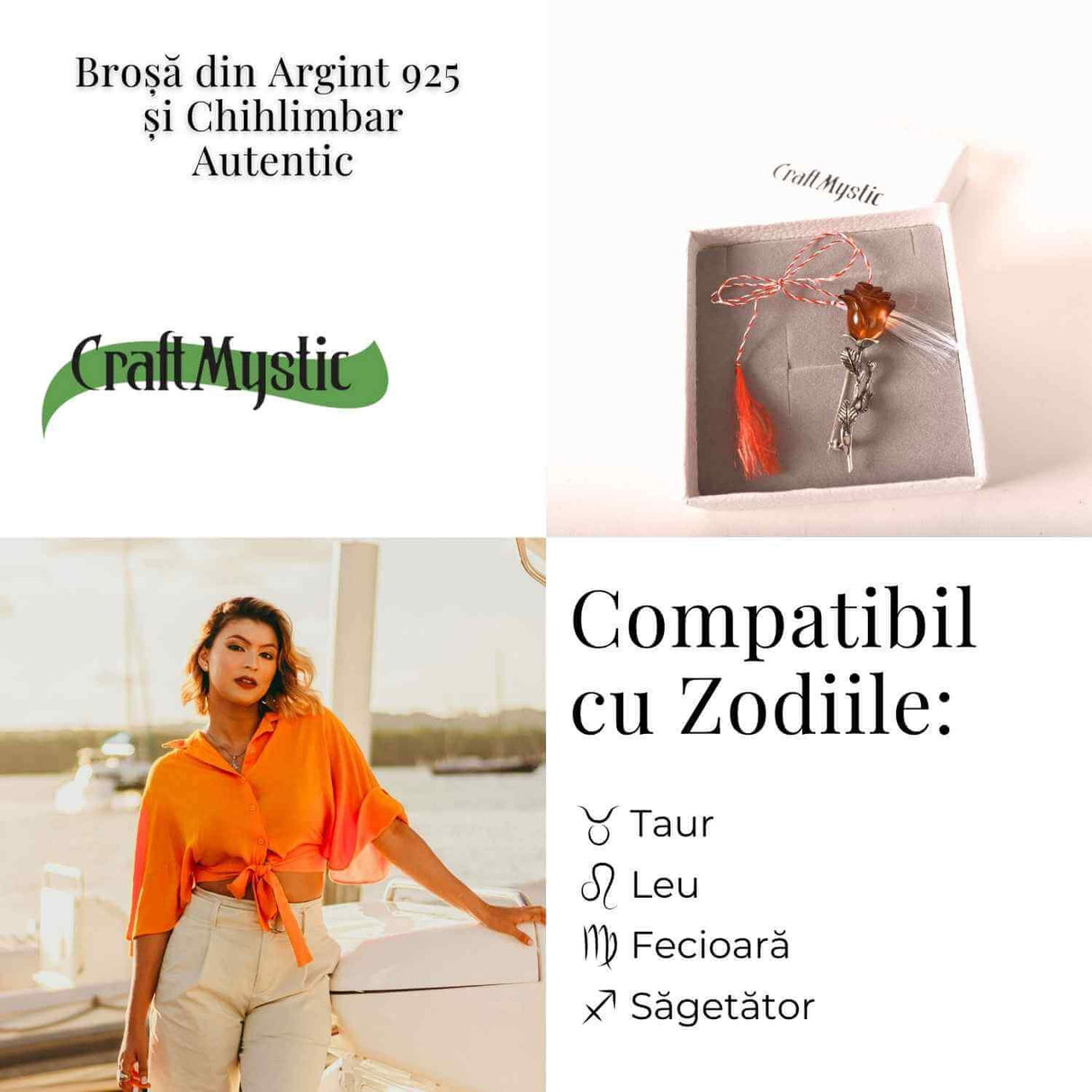 Brosa din Argint 925 cu Chihlimbar Natural rosu - Trandafir al Luminii Calde