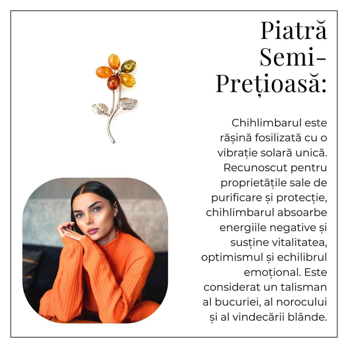 Brosa floare din chihlimbar si argint 925, pentru o nota calda la tinuta