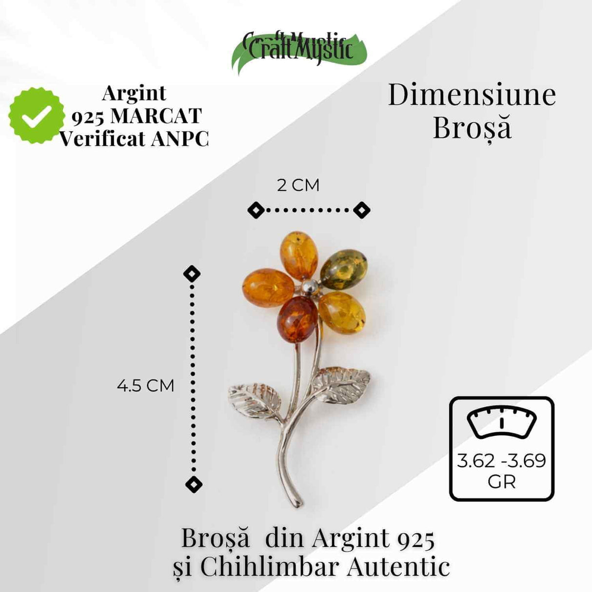 Brosa floare din chihlimbar si argint 925, pentru o nota calda la tinuta