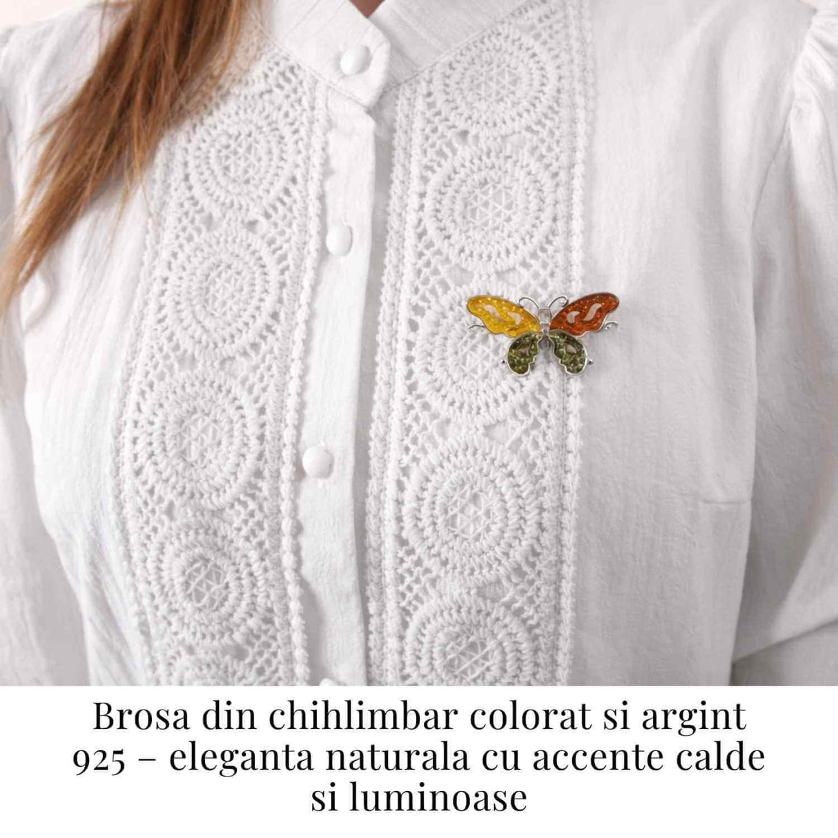 Brosa din chihlimbar forma de fluture multicolor si argint 925 - un accent cald de rafinament