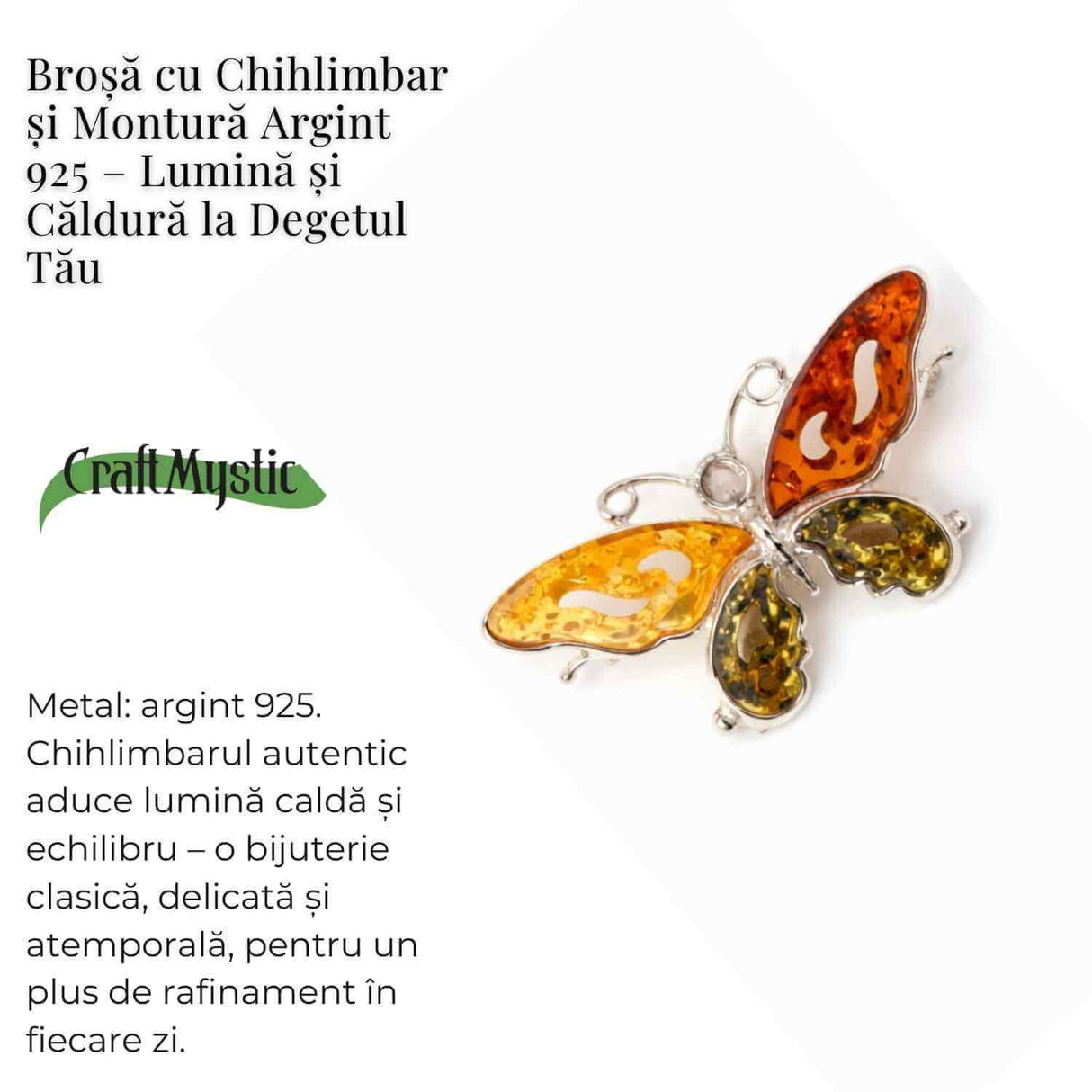 Brosa din chihlimbar forma de fluture multicolor si argint 925 - un accent cald de rafinament