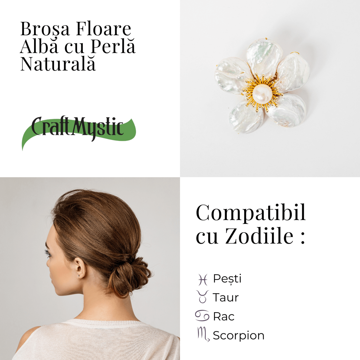 Brosa Floare Alba cu Perla Naturala - Eleganta si Puritate