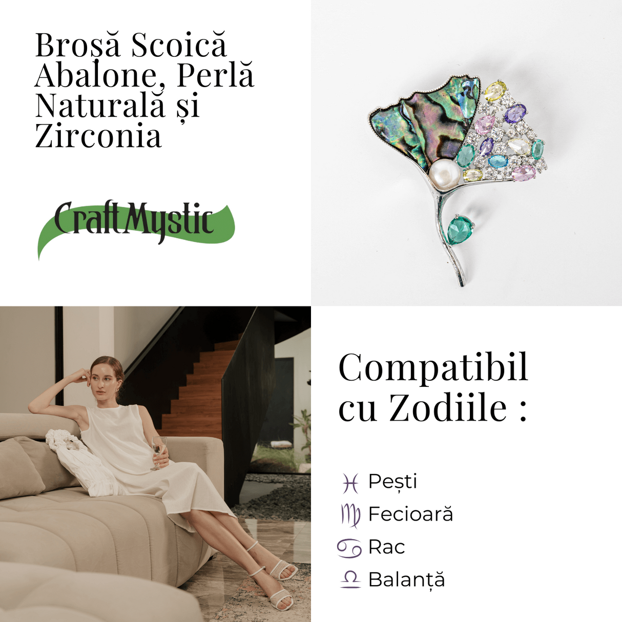 Brosa Scoica Abalone cu Perla Naturala si Zirconia - Armonie si Stralucire